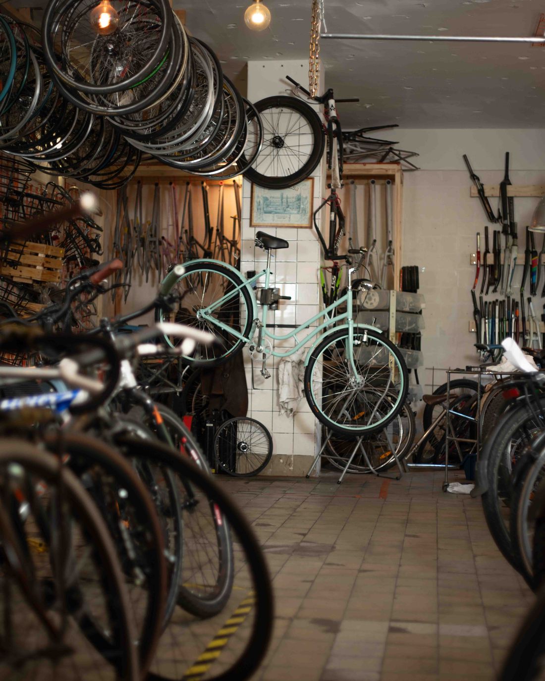 Butiken med fälgar i taket, en mintgrön cykel på väggen och cyklar på rad